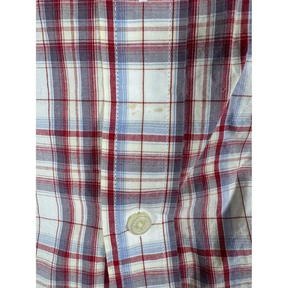 Banana Republic Men Large Plaid Button Down Shirt Red White Blue Roll Tab Cotton